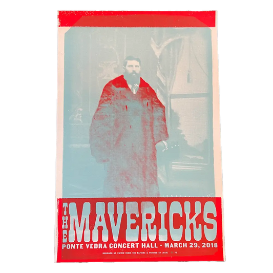 Concert poster for The Mavericks featuring a faded red-tinted photograph of a person in a long coat.