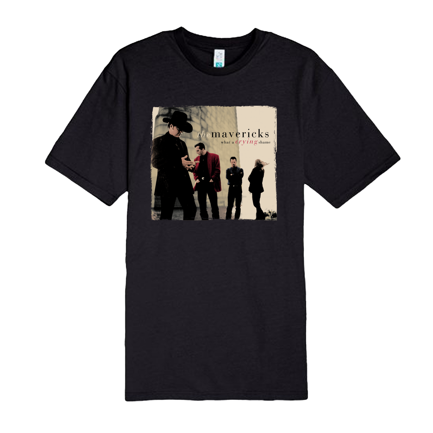 Black t-shirt with a graphic of four band members from the Mavericks and text on a white background