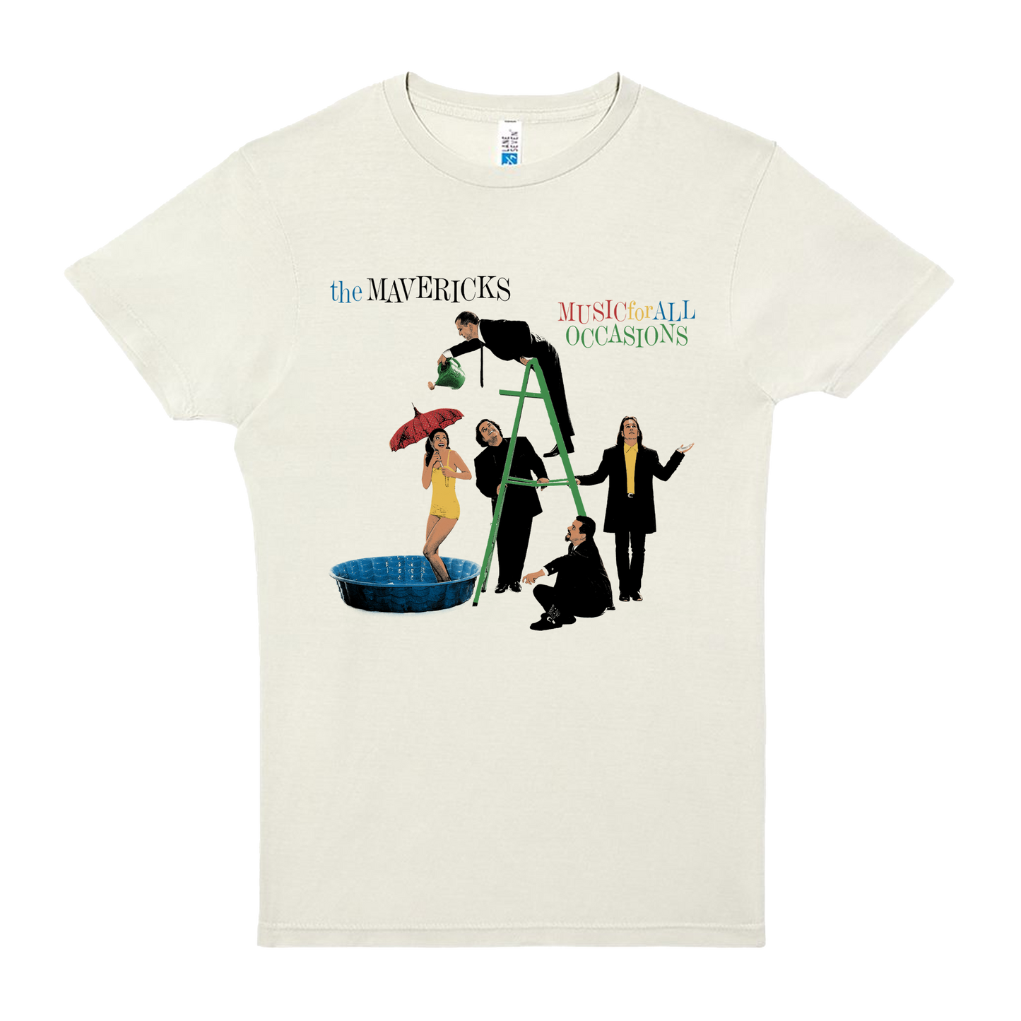 White t-shirt with 'The Mavericks' graphic design featuring people around a pool.