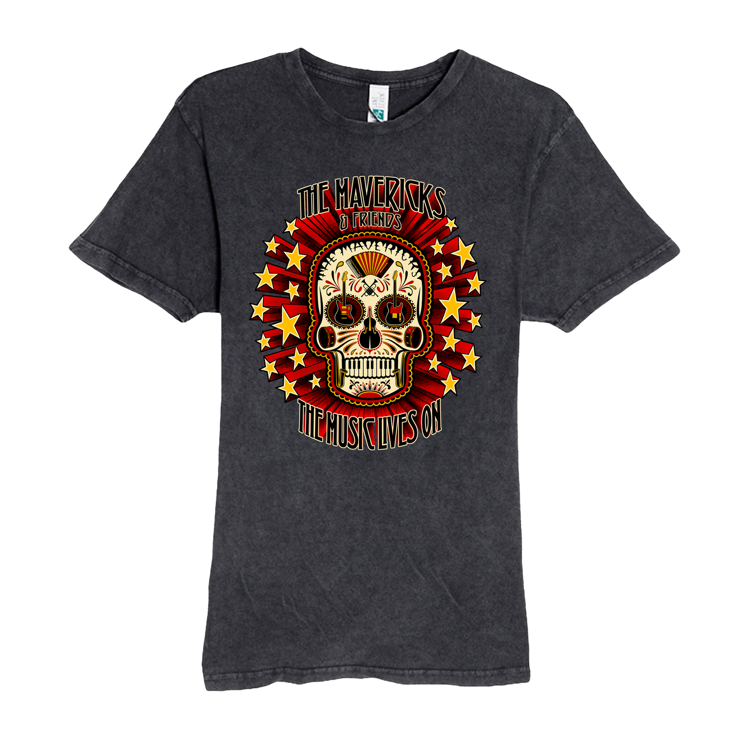 Black t-shirt with a colorful skull design and text on a white background