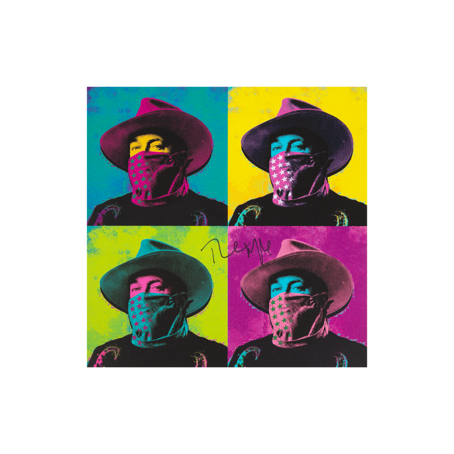 Four-panel artwork of a person wearing a hat and face mask on a colorful background