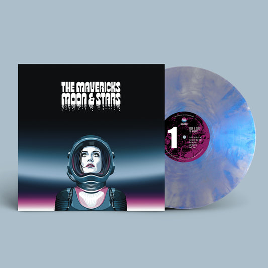 Vinyl record with an astronaut design and 'The Mavericks Moon & Stars' text on a gray background