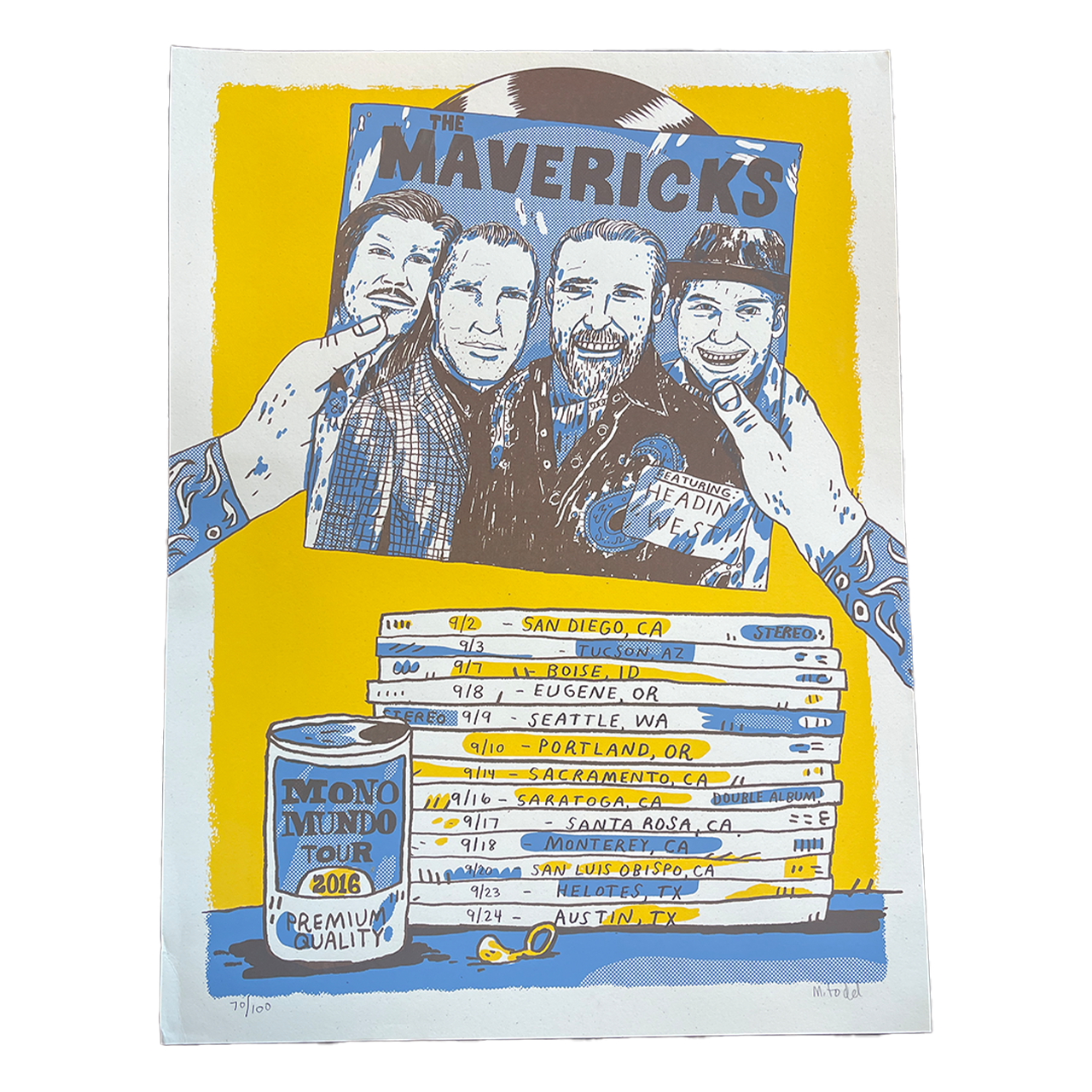 Poster featuring a band photo and album collection with a yellow background.