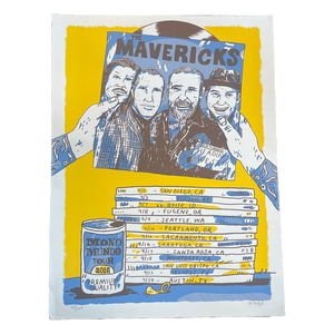 Poster featuring a band photo and album collection with a yellow background.