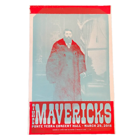 Concert poster for The Mavericks featuring a faded red-tinted photograph of a person in a long coat.