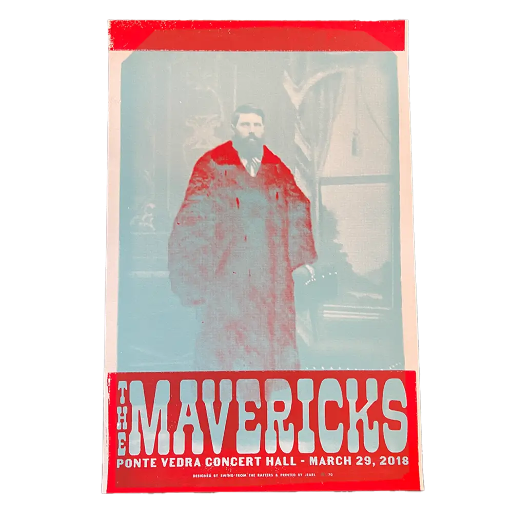 Concert poster for The Mavericks featuring a faded red-tinted photograph of a person in a long coat.