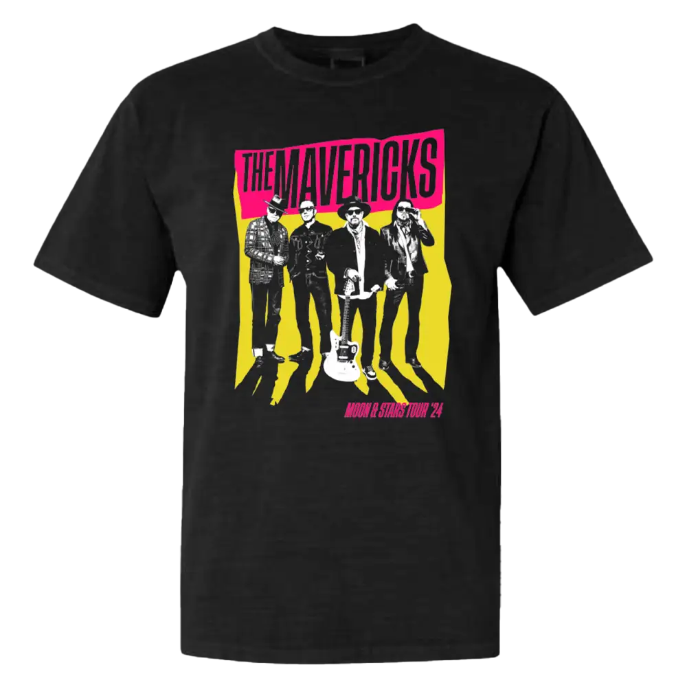 Black t-shirt featuring a colorful graphic design of a rock band called ’The Mavericks’.