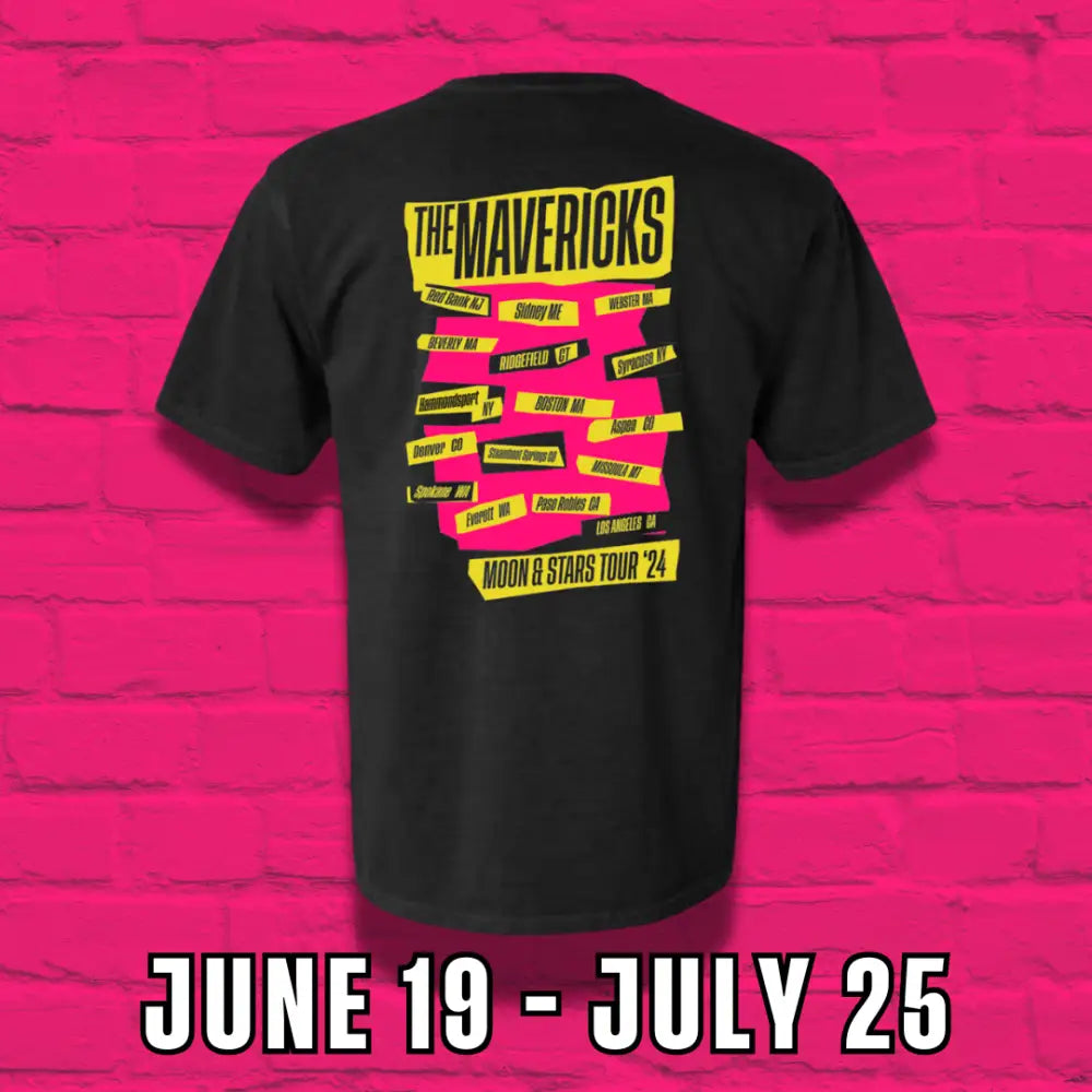 Black t-shirt featuring yellow text and graphics for ’The Mavericks’ tour dates.