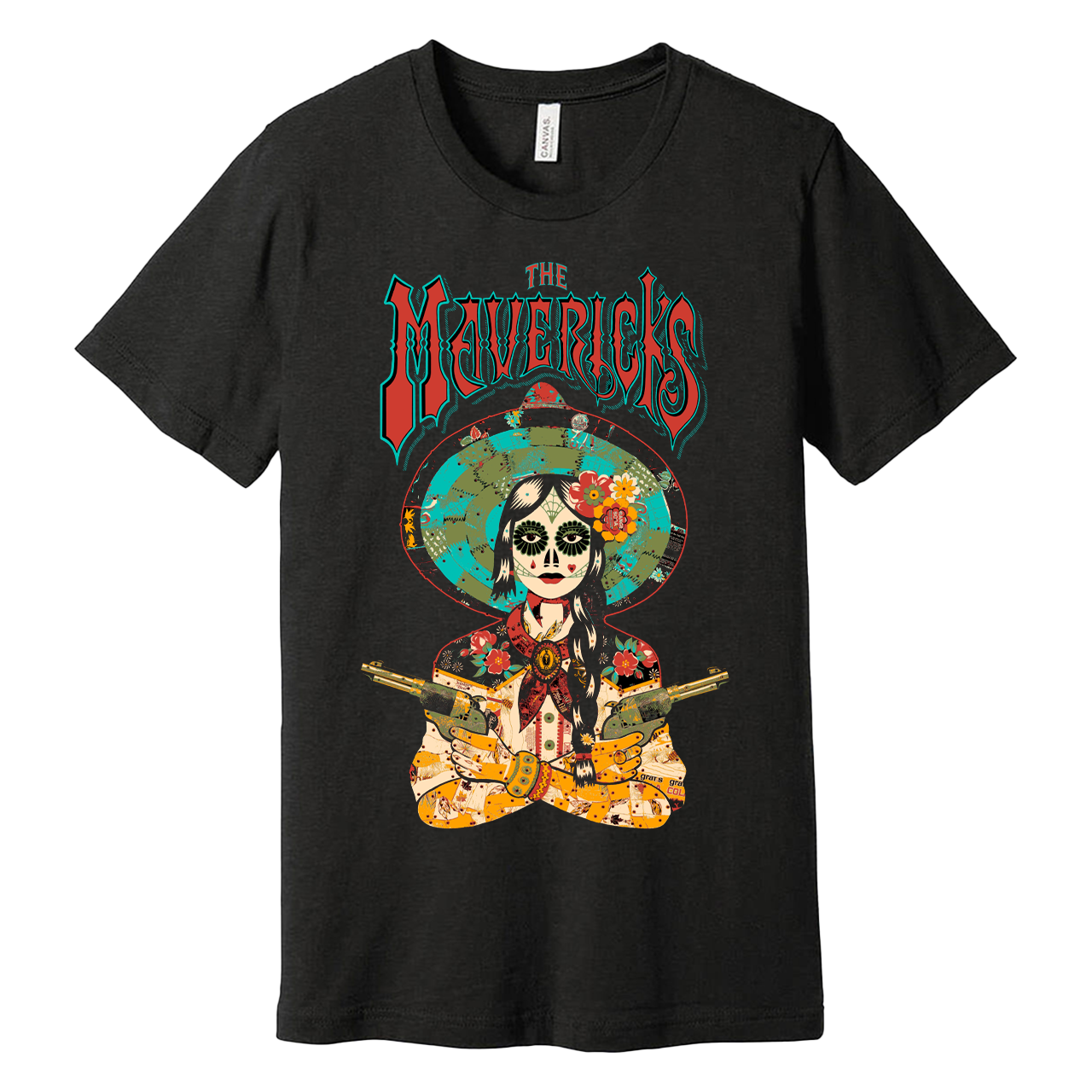 Black t-shirt featuring a colorful Day of the Dead-style skeleton design with ’The Mavericks’ text.