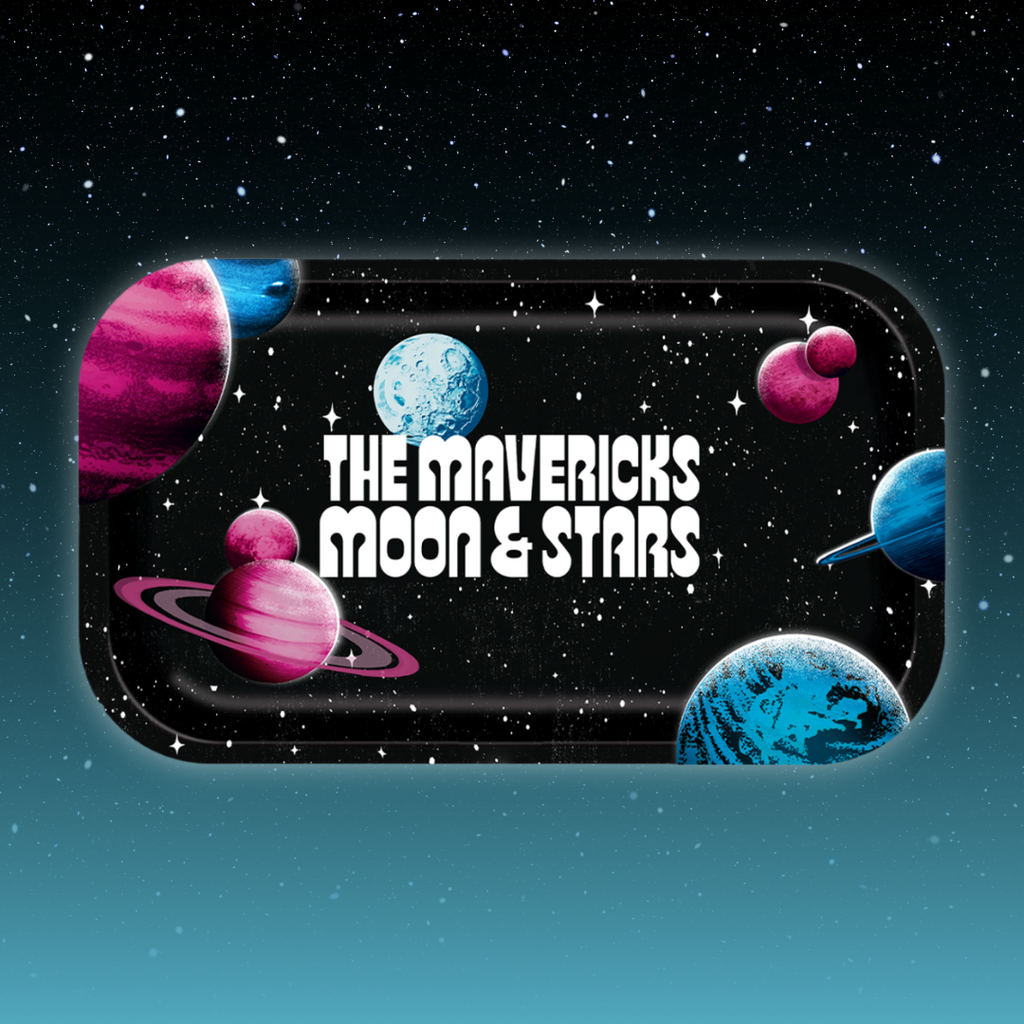 Retro-style space scene artwork featuring colorful planets and the text ’THE MAVERICKS MOON & STARS’ against a starry background.