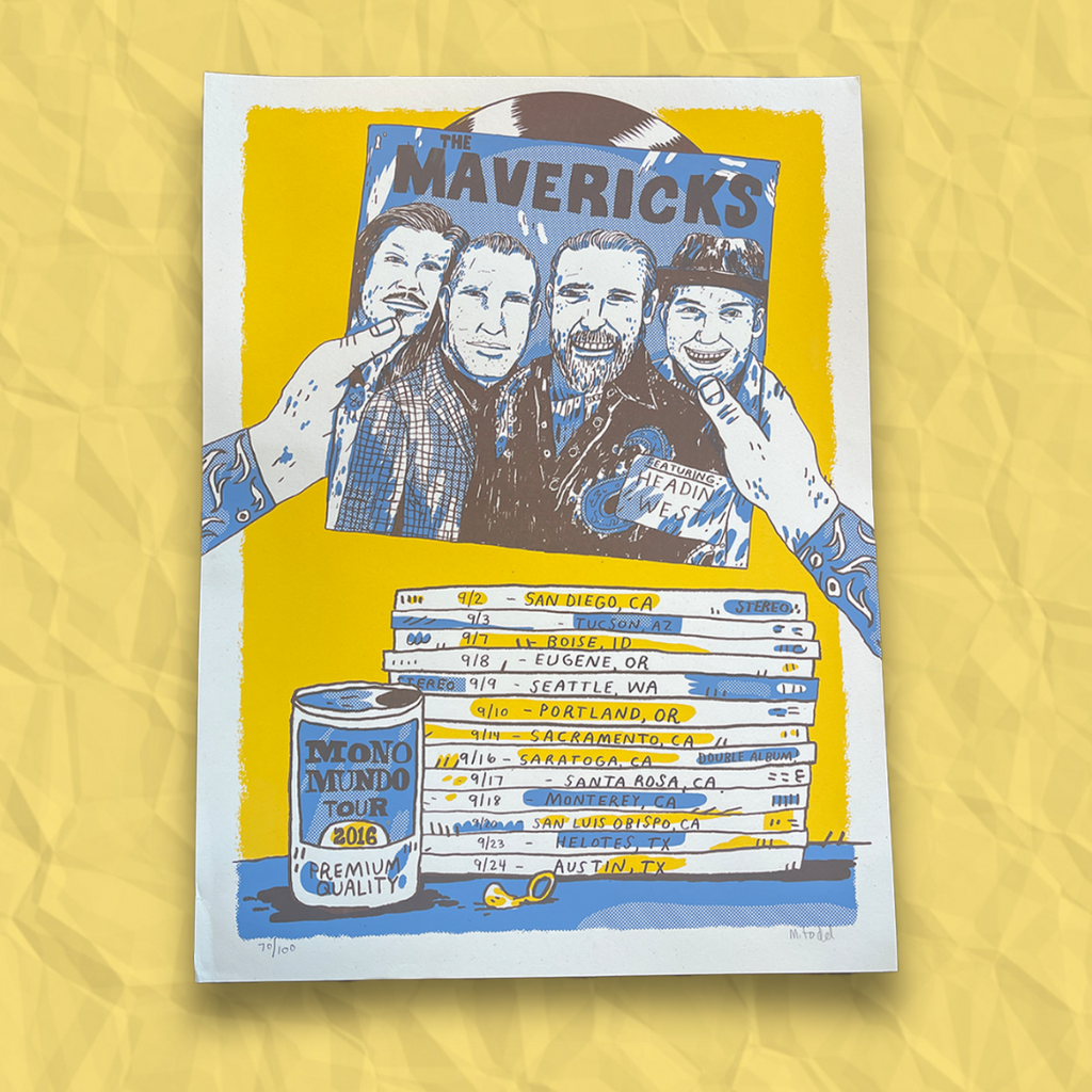 Artistic print featuring a band portrait, album covers, and a can labeled ’Mavericks’.