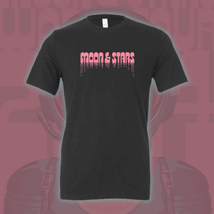 Black t-shirt with pink ’MOONS & STARS’ text dripping downward.