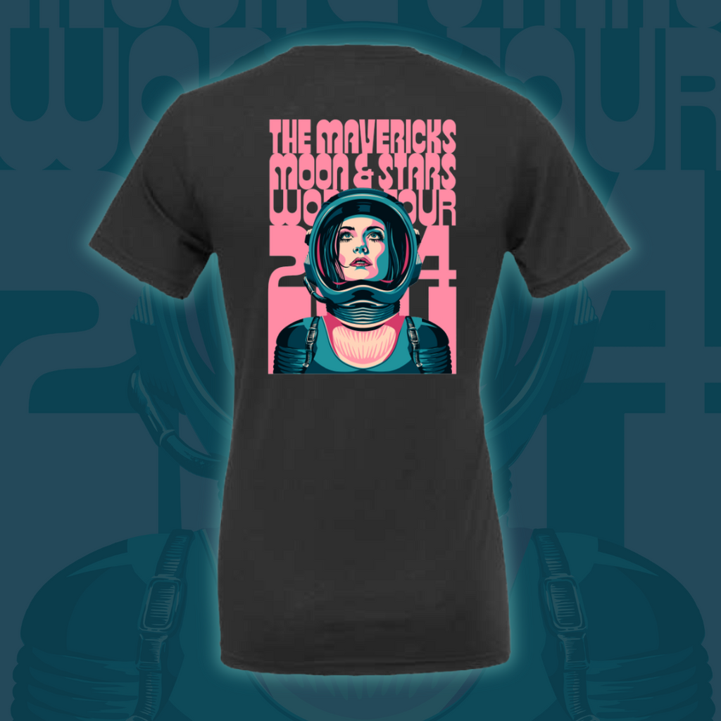 Dark t-shirt featuring a retro-style graphic design of an astronaut with pink and teal colors.