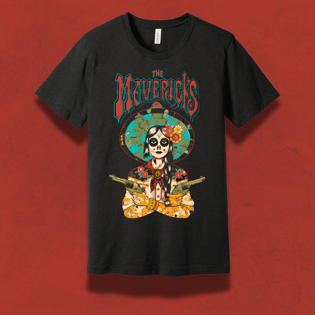 Black t-shirt featuring a colorful Day of the Dead-style skeleton design with ’The Mavericks’ text.