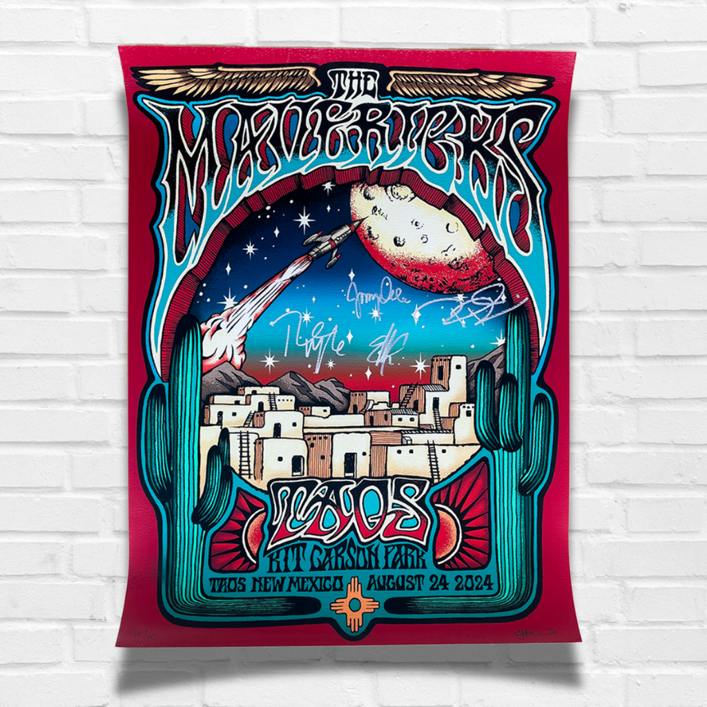 Psychedelic concert poster featuring a southwestern desert cityscape with flying saucers in a starry night sky.