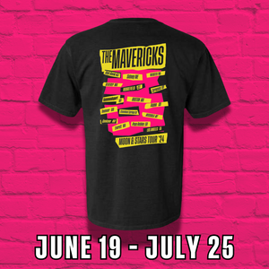 Black t-shirt featuring yellow text and graphics for ’The Mavericks’ tour dates.