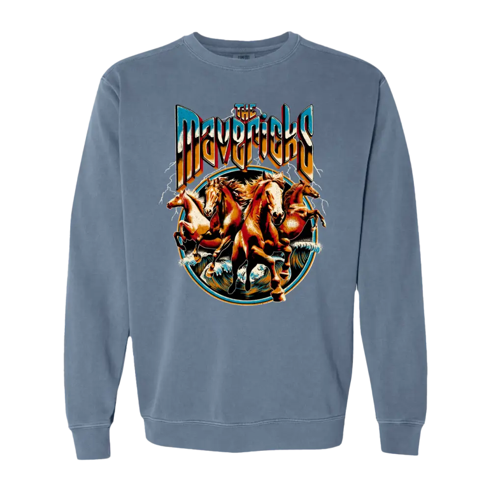 Blue sweatshirt with horse graphic.