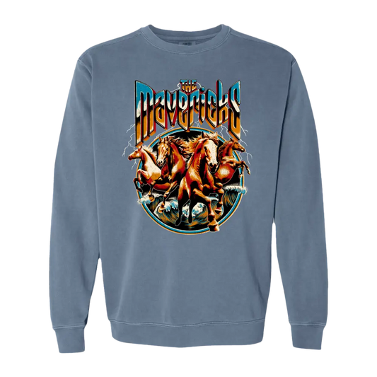 Blue sweatshirt with horse graphic.