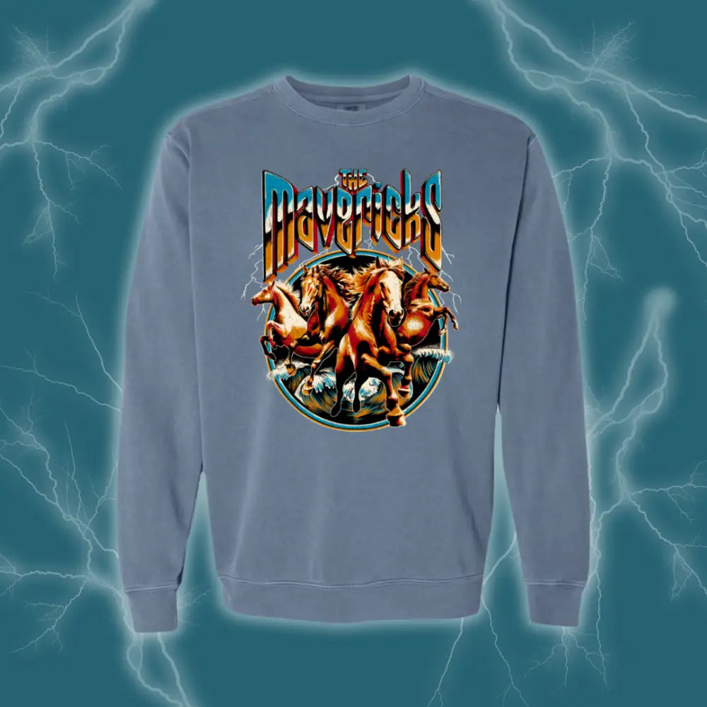 Blue sweatshirt with horse graphic.