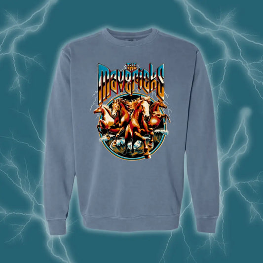 Blue sweatshirt with horse graphic.