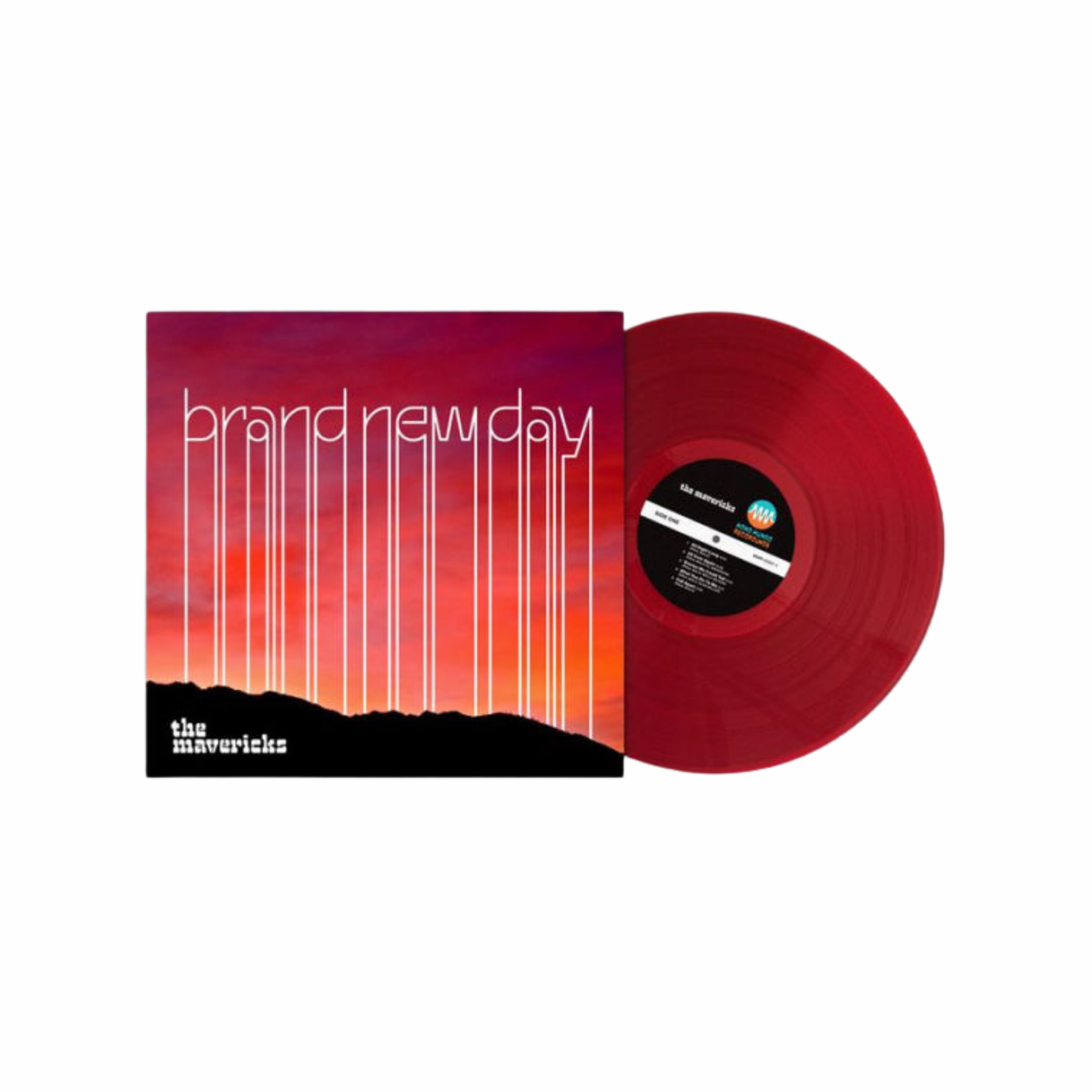 Red vinyl record with matching cover titled 'brand new day' by The Mavericks on a white background.