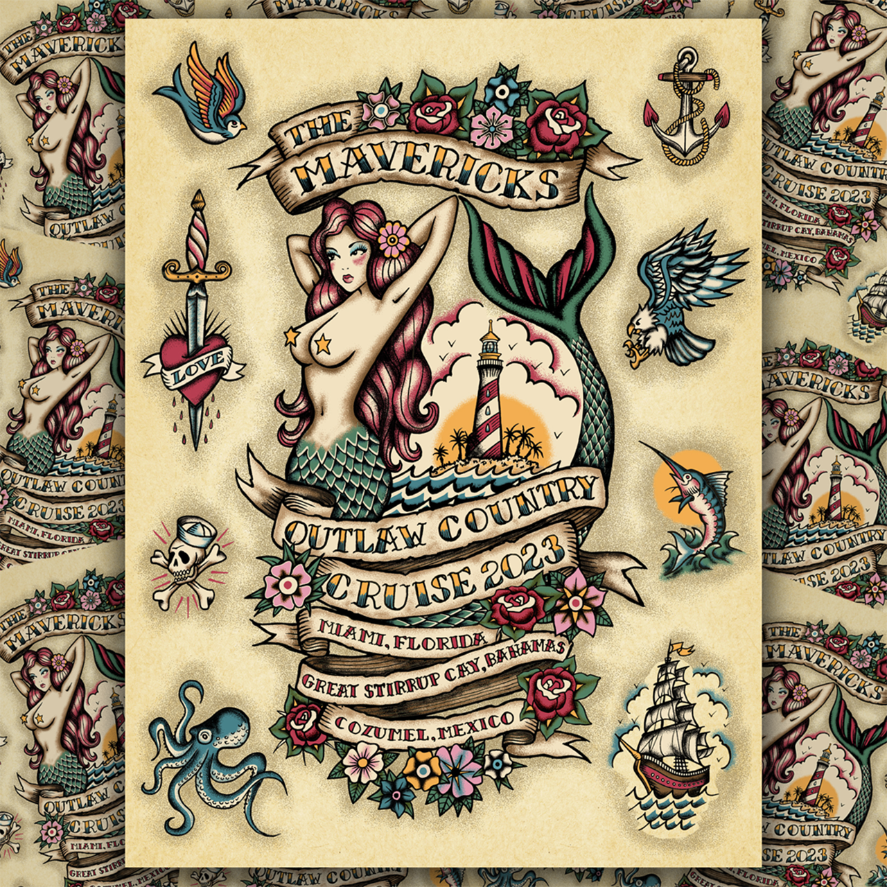 Vintage-style tattoo flash sheet featuring a mermaid as the central design, surrounded by various nautical and traditional tattoo motifs.