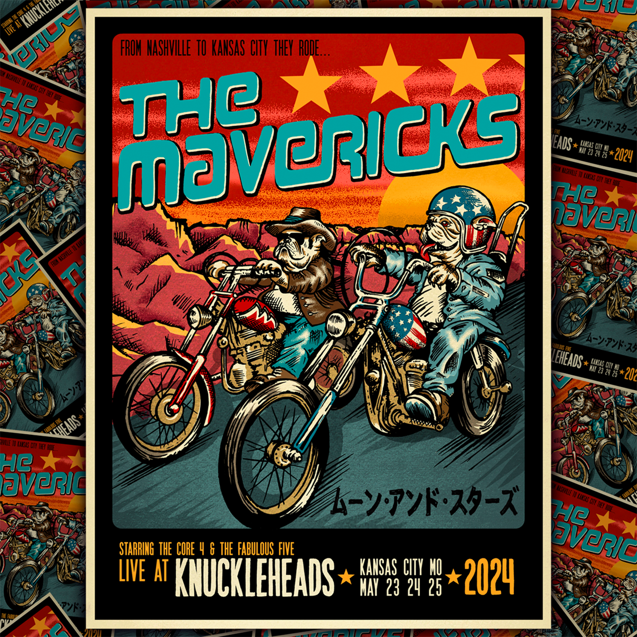 Vintage-style concert poster for ’The Mavericks’ featuring cartoon motorcyclists.