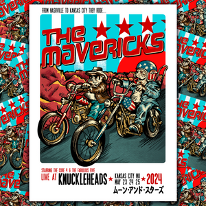 Concert poster for a band called The Mavericks featuring cartoon characters riding motorcycles.