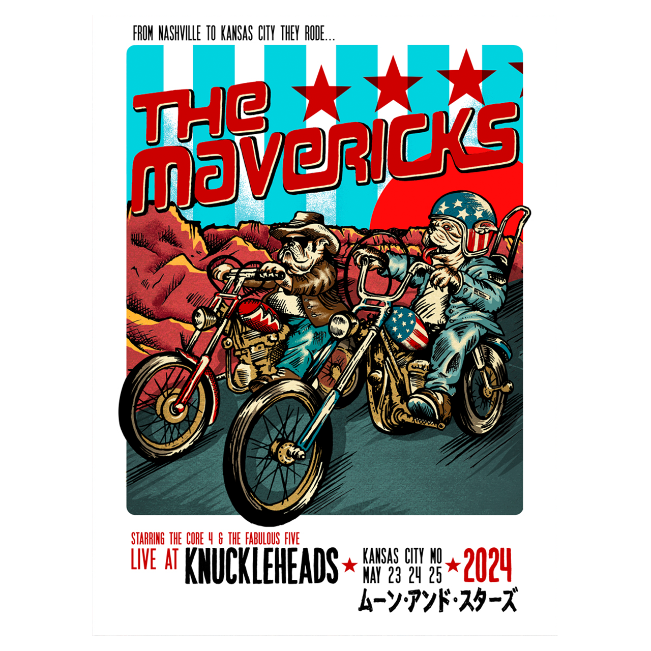 Colorful concert poster featuring cartoon motorcyclists against a red background with stars.