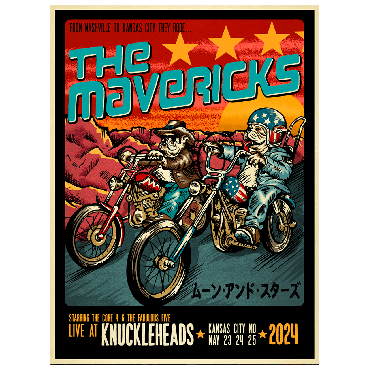 Colorful concert poster for ’The Mavericks’ featuring cartoon motorcyclists.