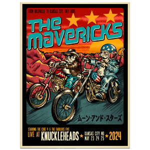 Colorful concert poster for ’The Mavericks’ featuring cartoon motorcyclists.