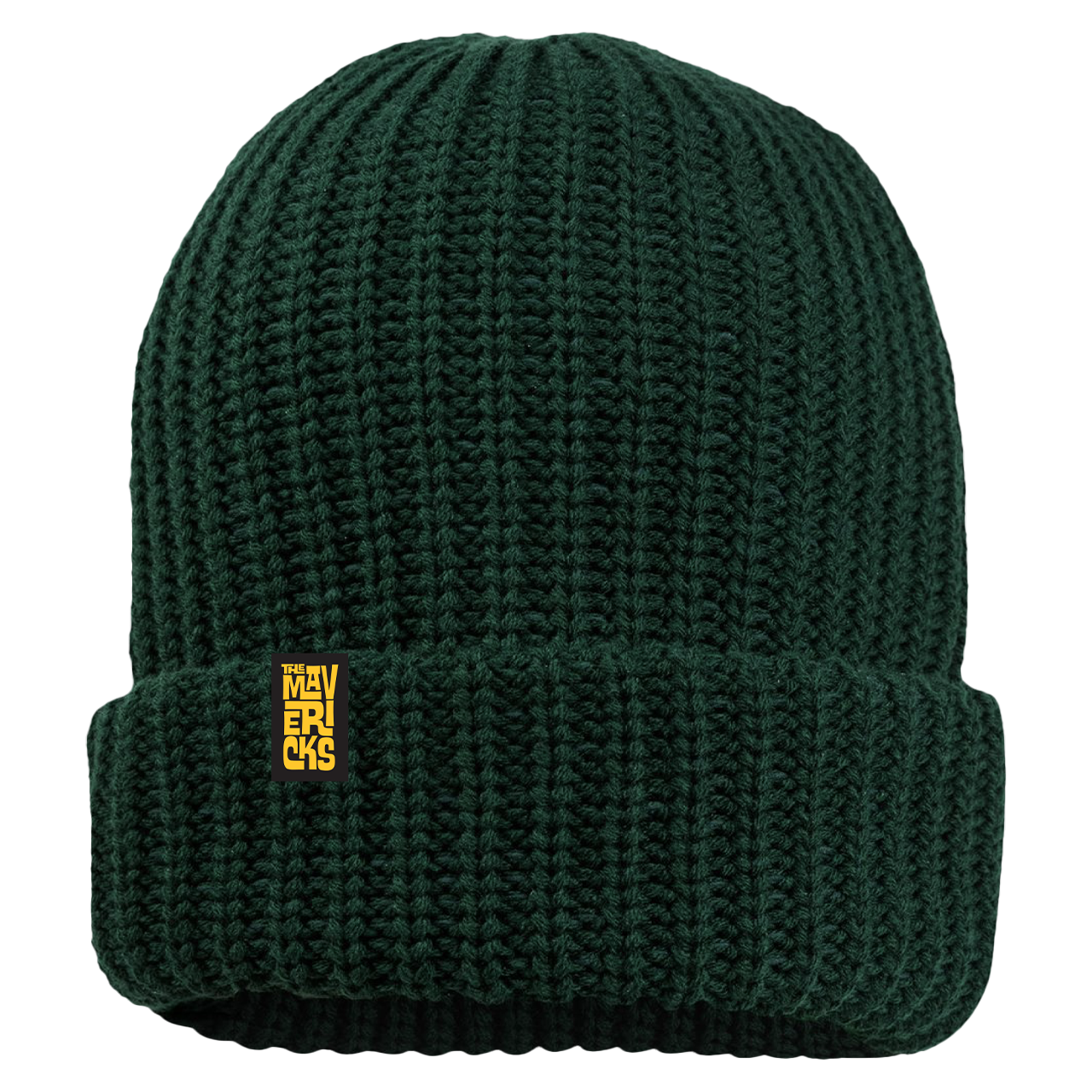 Dark green knitted beanie with a small yellow tag.