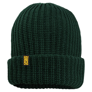 Dark green knitted beanie with a small yellow tag.