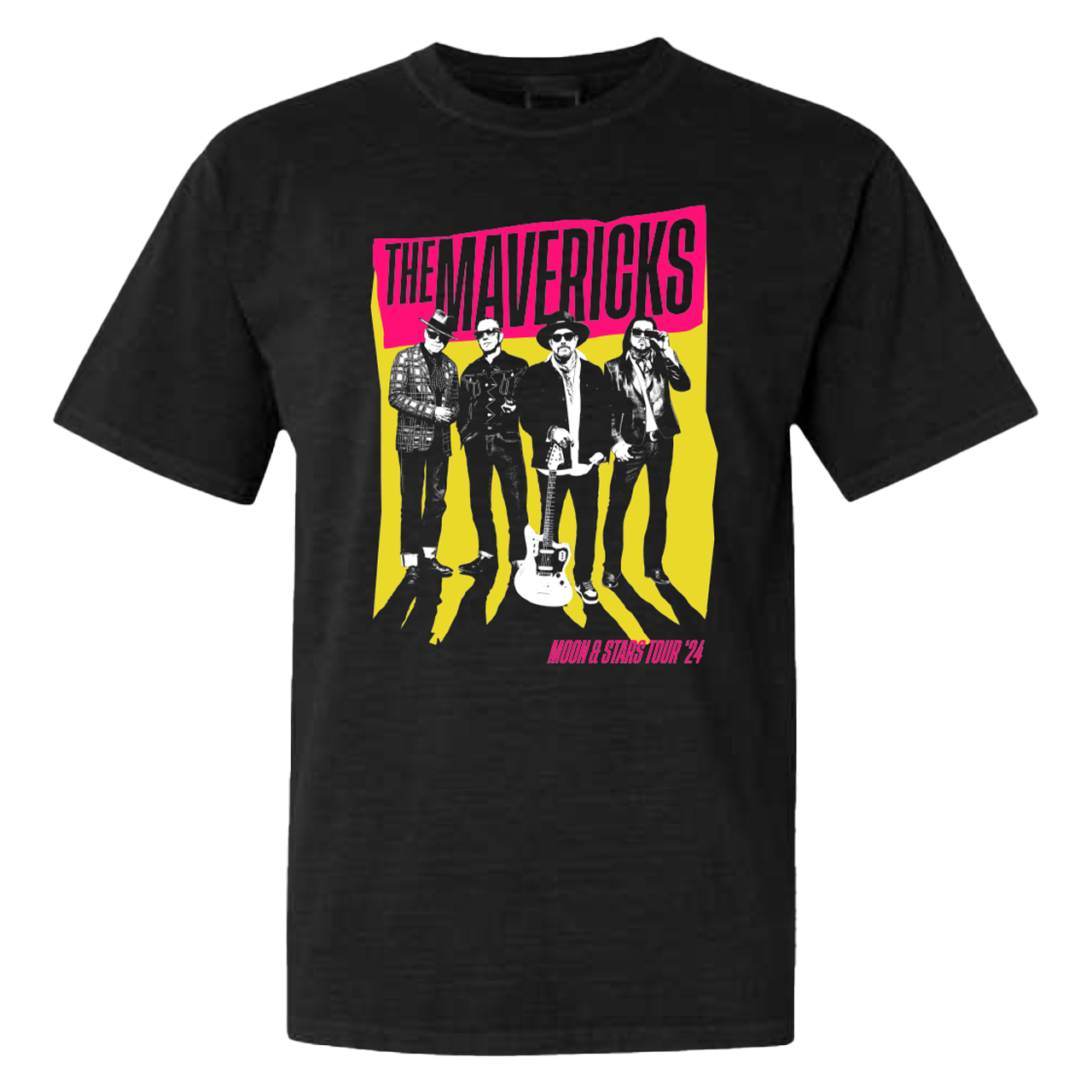 Black t-shirt featuring a colorful graphic design of a rock band called ’The Mavericks’.