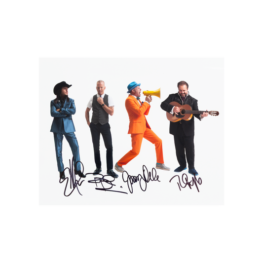 Four individuals in colorful outfits with signatures below on a white background