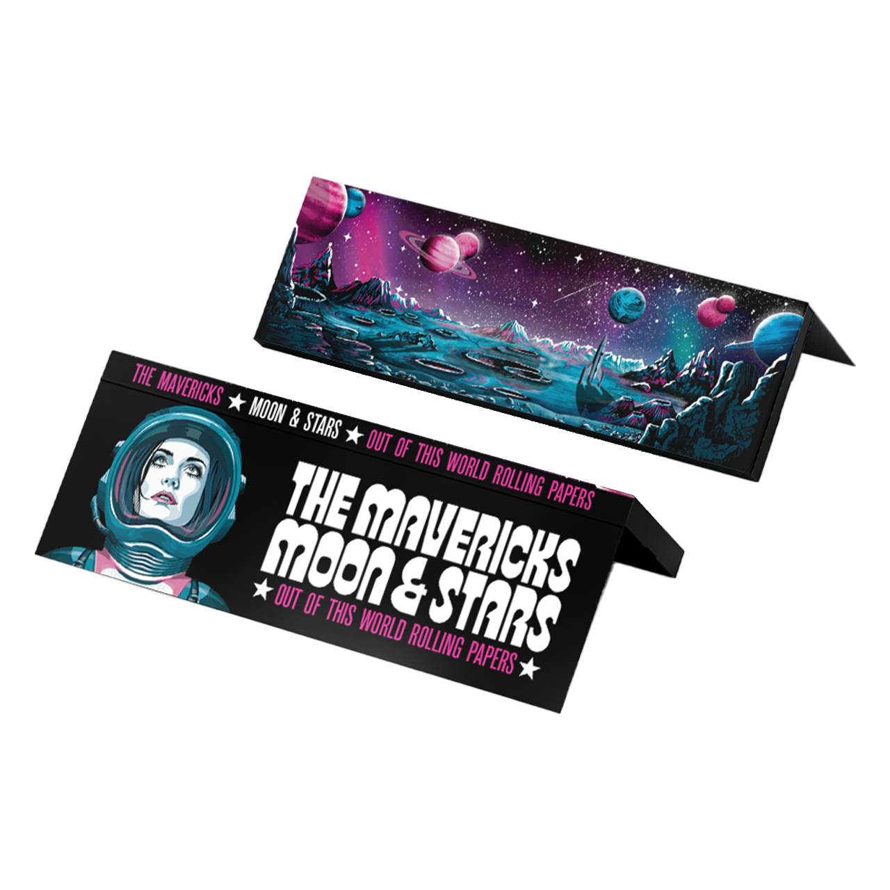 Rolling papers featuring space-themed artwork and ’The Mavericks Moon & Stars’ branding.