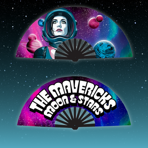 Colorful folding fan with space-themed artwork and text ’THE MAVERICKS MOON & STARS’.