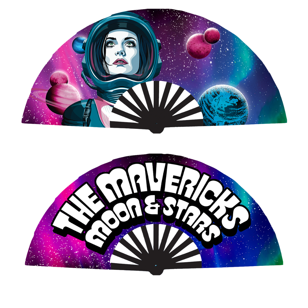 Decorative folding fans with space-themed artwork and text.