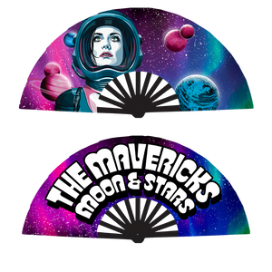 Decorative folding fans with space-themed artwork and text.