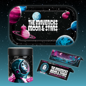 Colorful space-themed merchandise collection featuring planets, stars, and an astronaut design.