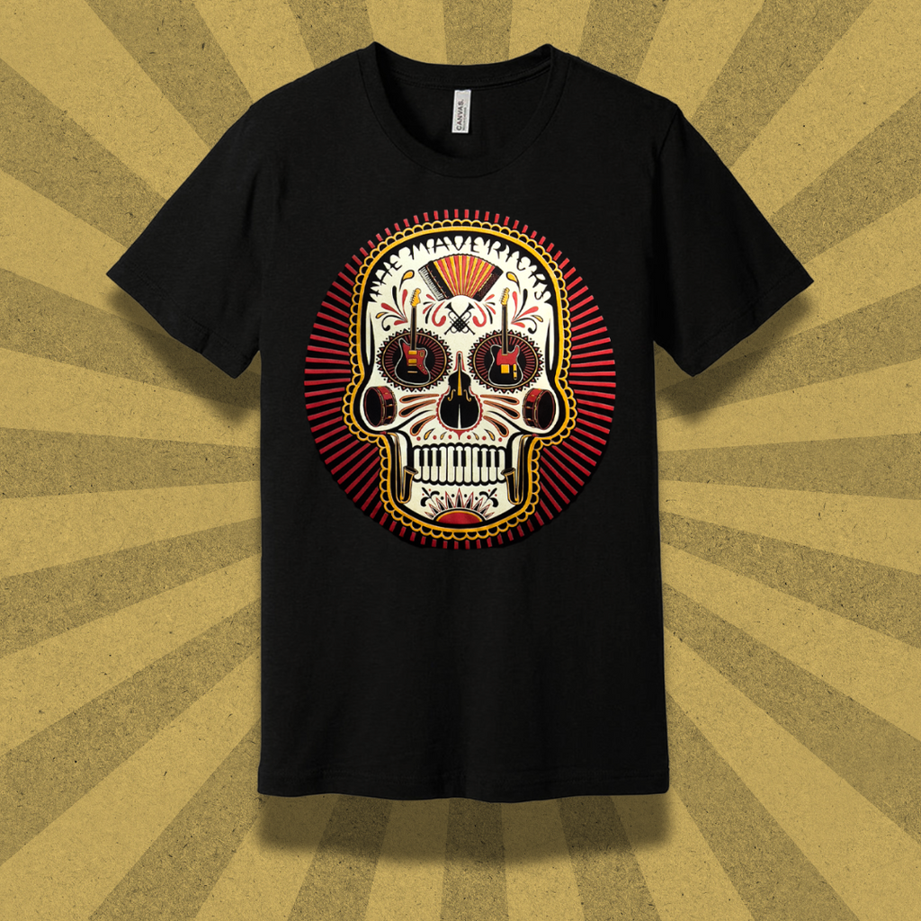 Black t-shirt featuring a colorful sugar skull design on the front.