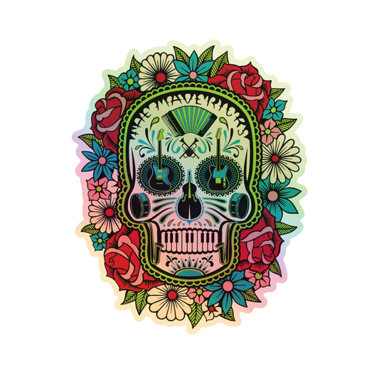 Colorful skull design with floral elements on a white background