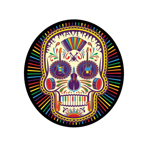 Colorful skull design with guitars and rainbow elements on a black background