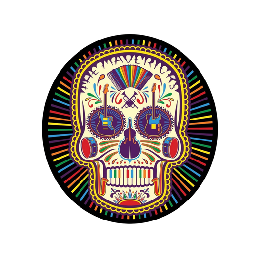 Colorful skull design with guitars and rainbow elements on a black background