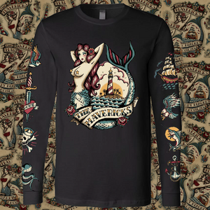 Black long-sleeved t-shirt featuring a colorful nautical-themed design with a mermaid and sailing ship.