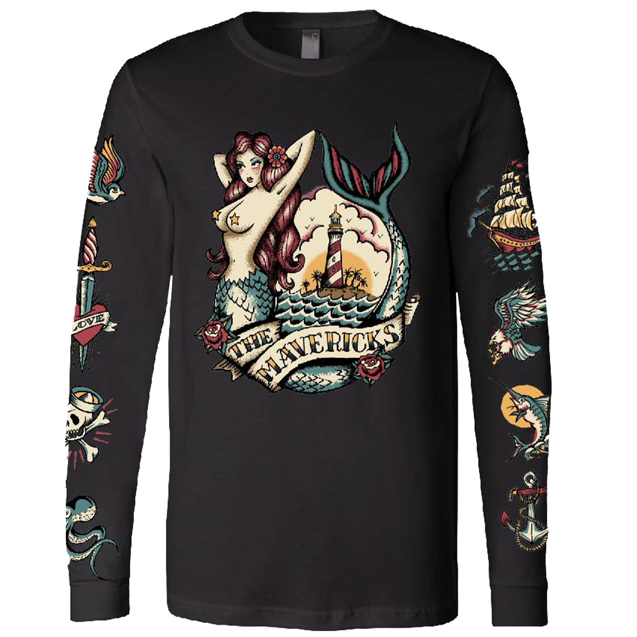 Black long-sleeved t-shirt with nautical-themed tattoo-style artwork featuring a mermaid and sailing ship.