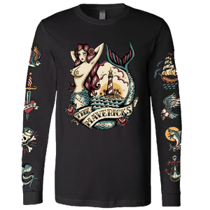 Black long-sleeved t-shirt with nautical-themed tattoo-style artwork featuring a mermaid and sailing ship.