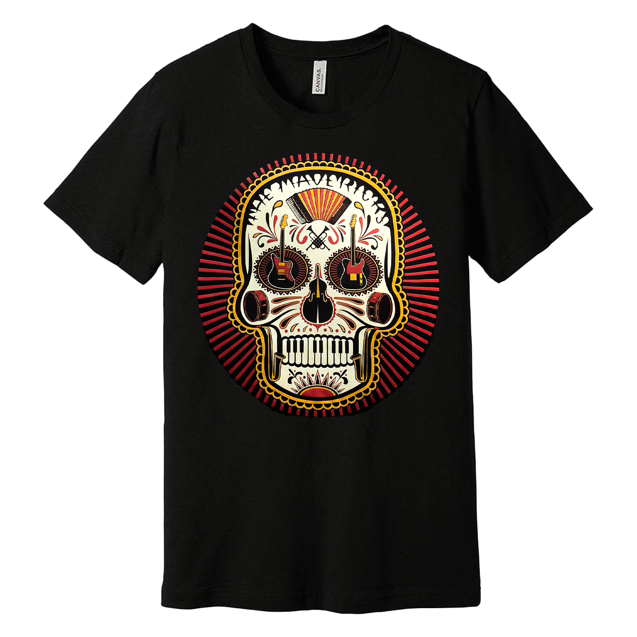 Black t-shirt featuring a colorful sugar skull design.