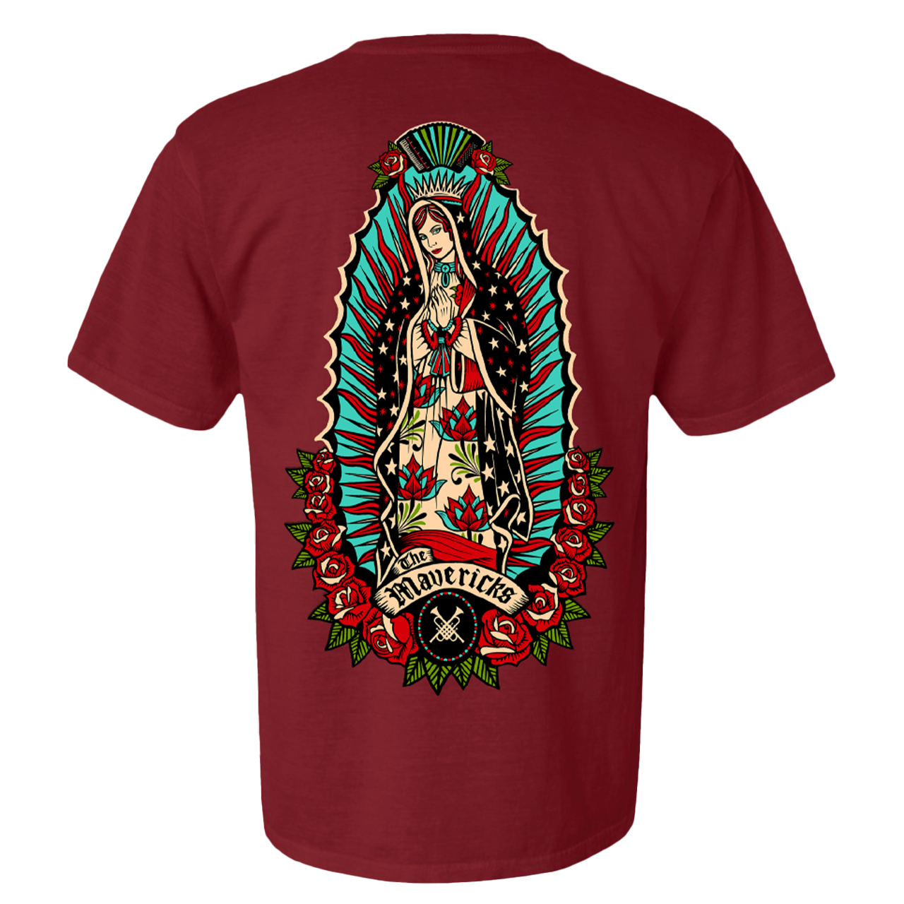 Maroon t-shirt with a colorful Our Lady of Guadalupe design on the back.