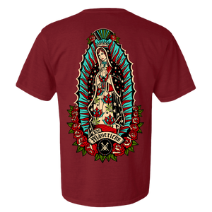 Maroon t-shirt with a colorful Our Lady of Guadalupe design on the back.